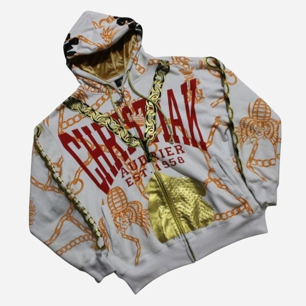 Mens Y2K Christian Audigier Ed Hardy AOP Rhinestone  Grunge Skater Zip-up Hoodie